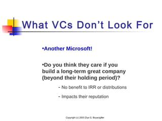 Copyright (c) 2003 Ziya G. Boyacigiller
What VCs Don’t Look For
•Another Microsoft!
•Do you think they care if you
build a long-term great company
(beyond their holding period)?
- No benefit to IRR or distributions
- Impacts their reputation
 