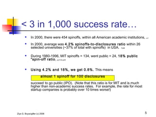 Ziya G. Boyacigiller (c) 2008 5
 In 2000, there were 454 spinoffs, within all American academic institutions, pp57
 In 2000, average was 4.2% spinoffs-to-disclosures ratio within 26
selected universities (~37% of total with spinoffs) in USA. Pp68
 During 1980-1996, MIT spinoffs = 134, went public = 24, 18% public
“spin-off ratio, pp19 & pp30
 Using 4.2% and 18%, we get 0.8%. This means
almost 1 spinoff for 100 disclosures
succeed to go public (IPO). (Note that this ratio is for MIT and is much
higher than non-academic success rates. For example, the rate for most
startup companies is probably over 10 times worse!)
< 3 in 1,000 success rate…
 