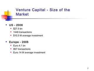 7
Venture Capital - Size of the
Market
 US - 2006
 $27.5 bn
 1446 transactions
 $10.5 M average investment
 Europe - 2006
 Euro 4.1 bn
 867 transactions
 Euro 14 M average investment
 