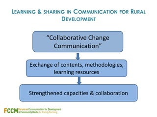 LEARNING & SHARING IN COMMUNICATION FOR RURAL 
DEVELOPMENT 
“Collaborative Change 
Communication” 
Exchange of contents, methodologies, 
learning resources 
Strengthened capacities & collaboration 
 