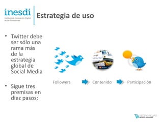 Estrategia de uso

• Twitter debe
  ser sólo una
  rama más
  de la
  estrategia
  global de
  Social Media
                 Followers   Contenido   Participación
• Sigue tres
  premisas en
  diez pasos:
 