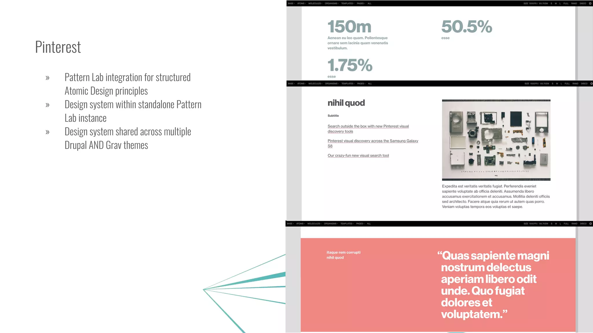 Pinterest
» Pattern Lab integration for structured
Atomic Design principles
» Design system within standalone Pattern
Lab instance
» Design system shared across multiple
Drupal AND Grav themes
 