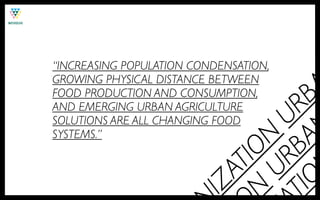 “INCREASING POPULATION CONDENSATION,
GROWING PHYSICAL DISTANCE BETWEEN




                                       A
FOOD PRODUCTION AND CONSUMPTION,




                       TIO BA RB
AND EMERGING URBAN AGRICULTURE
SOLUTIONS ARE ALL CHANGING FOOD




                          UR U
SYSTEMS.”




                       N N   IO
                          AT
                       IZ
 