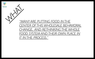 T
HA
W
    “MANY ARE PUTTING FOOD IN THE
    CENTER OF THIS WHOLESALE BEHAVIORAL
    CHANGE, AND RETHINKING THE WHOLE
    FOOD SYSTEM AND THEIR OWN PLACE IN
    IT IN THE PROCESS.”
 