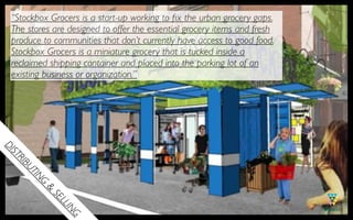 “Stockbox Grocers is a start-up working to ﬁx the urban grocery gaps.
  The stores are designed to offer the essential grocery items and fresh
  produce to communities that don’t currently have access to good food.
  Stockbox Grocers is a miniature grocery that is tucked inside a
  reclaimed shipping container and placed into the parking lot of an
  existing business or organization.”
DI
   ST
  RI
     BU
       TIN
          G
          &
              SE
                LL
                   IN
                   G
 
