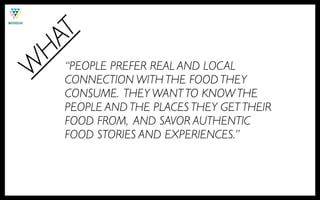 T
HA
    “PEOPLE PREFER REAL AND LOCAL
W
    CONNECTION WITH THE FOOD THEY
    CONSUME. THEY WANT TO KNOW THE
    PEOPLE AND THE PLACES THEY GET THEIR
    FOOD FROM, AND SAVOR AUTHENTIC
    FOOD STORIES AND EXPERIENCES.”
 