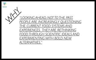 HY
    “LOOKING AHEAD, NOT TO THE PAST,
W
    PEOPLE ARE INCREASINGLY QUESTIONING
    THE CURRENT FOOD SYSTEMS AND
    EXPERIENCES. THEY ARE RETHINKING
    FOOD THROUGH SCIENTIFIC IDEALS AND
    EXPERIMENTING WITH BOLD NEW
    ALTERNATIVES.”
 