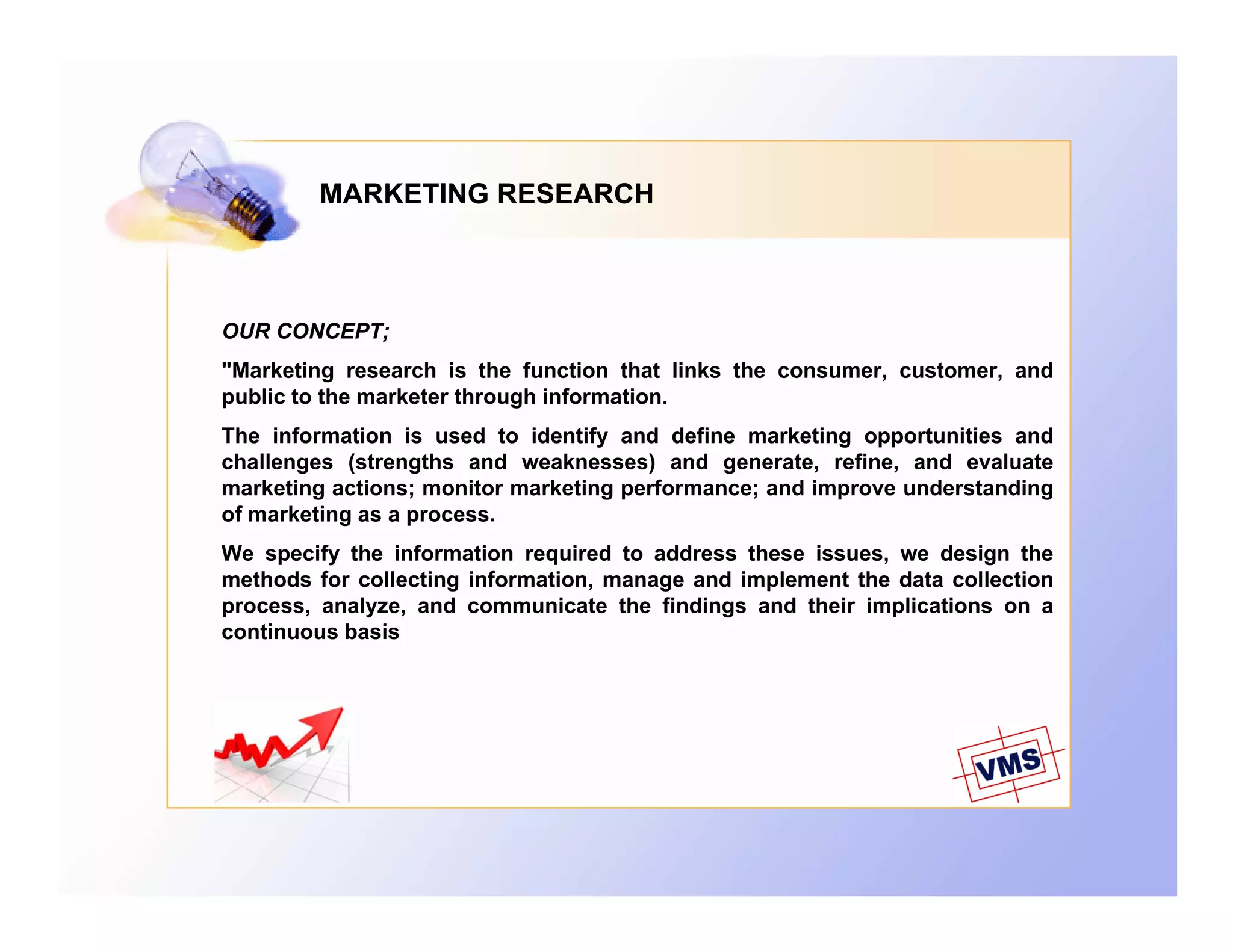 MARKETING RESEARCH



OUR CONCEPT;
"Marketing research is the function that links the consumer, customer, and
public to the marketer through information.
The information is used to identify and define marketing opportunities and
challenges (strengths and weaknesses) and generate, refine, and evaluate
marketing actions; monitor marketing performance; and improve understanding
of marketing as a process.
We specify the information required to address these issues, we design the
methods for collecting information, manage and implement the data collection
process, analyze, and communicate the findings and their implications on a
continuous basis
 