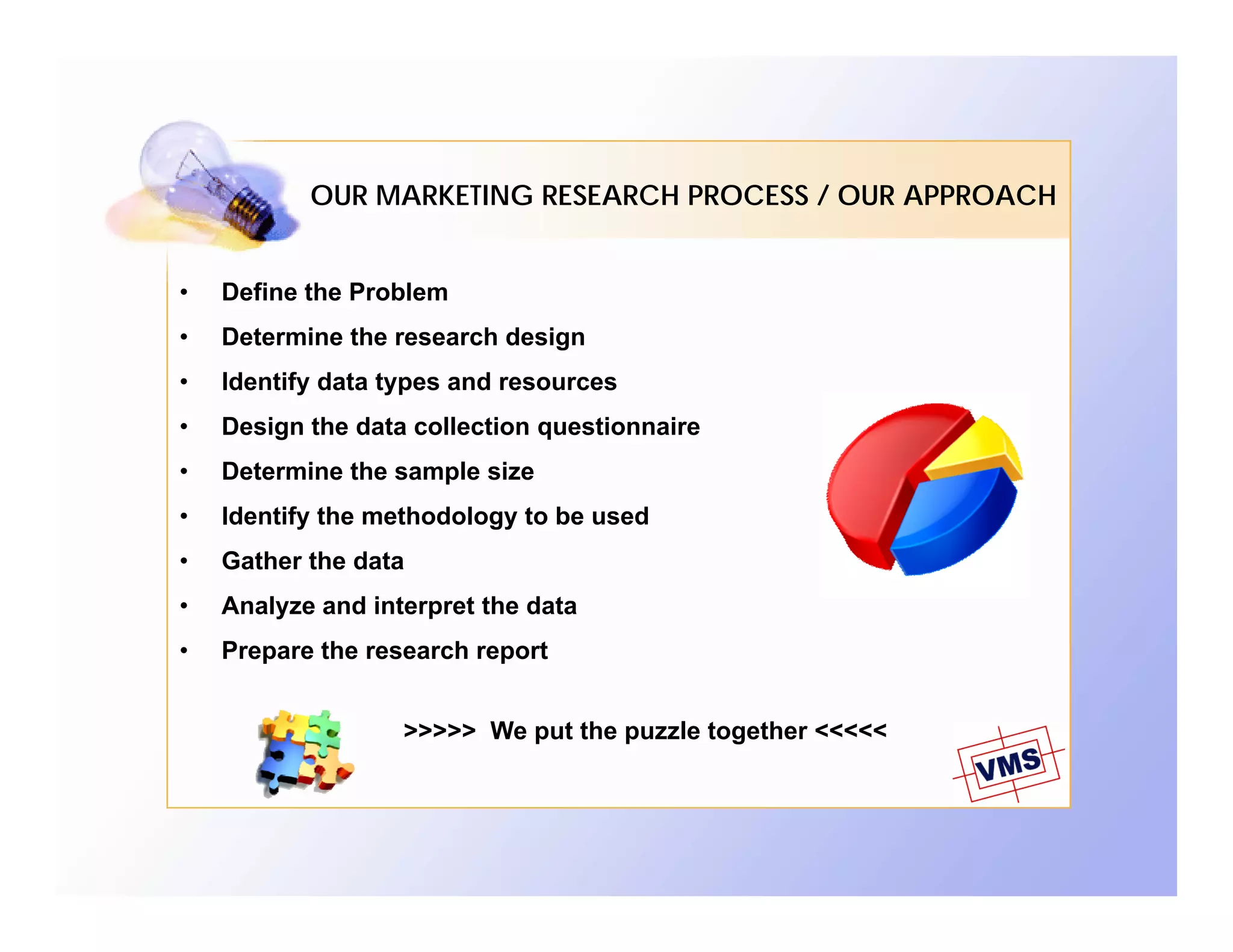 OUR MARKETING RESEARCH PROCESS / OUR APPROACH


•   Define the Problem
•   Determine the research design
•   Identify data types and resources
•   Design the data collection questionnaire
•   Determine the sample size
•   Identify the methodology to be used
•   Gather the data
•   Analyze and interpret the data
•   Prepare the research report


                   >>>>> We put the puzzle together <<<<<
 