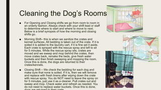 Cleaning the Dog’s Rooms
■ For Opening and Closing shifts we go from room to room in
an orderly fashion. Always check with your shift lead or staff
to determine where to start and where to move to next.
Below is a brief synopsis of how the morning and closing
shifts go.
■ Morning Shift– this is when we sanitize the crates and
kennel surfaces. All bedding is taken out of the crate. If it is
soiled it is added to the laundry cart, if it is fine set it aside.
Each crate is sprayed with the rescue spray and left to sit
for 5 minutes. While the rescue spray sits, crates are
moved and we sweep and mop behind the crates, then
move crates back, remake the beds, give fresh water
buckets and then finish sweeping and mopping the room.
Once this is done, the dogs are returned to their
crates/kennels.
■ Closing Shift – We check the bedding for each dog and
make sure that none is soiled. If it is, then we will remove
and replace with fresh linens after wiping down the crate
with rescue spray. You do NOT need to leave the spray on
for 5 minutes, just use it as a cleaner. Pull crates out and
sweep and mop. Check water and refresh as needed. You
do not need to replace water buckets. Once this is done,
 
