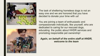 The task of sheltering homeless dogs is not an
easy one and we are honored that you have
decided to donate your time with us!
You are joining a team of enthusiastic and
compassionate individuals, like yourself, who are
dedicated to caring for our rescued dogs,
educating the public about HHDR services and
promoting responsible pet ownership!
Again, on behalf of the entire staff at HHDR,
welcome to the team
 