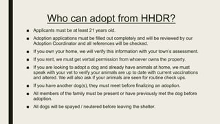 Who can adopt from HHDR?
■ Applicants must be at least 21 years old.
■ Adoption applications must be filled out completely and will be reviewed by our
Adoption Coordinator and all references will be checked.
■ If you own your home, we will verify this information with your town’s assessment.
■ If you rent, we must get verbal permission from whoever owns the property.
■ If you are looking to adopt a dog and already have animals at home, we must
speak with your vet to verify your animals are up to date with current vaccinations
and altered. We will also ask if your animals are seen for routine check ups.
■ If you have another dog(s), they must meet before finalizing an adoption.
■ All members of the family must be present or have previously met the dog before
adoption.
■ All dogs will be spayed / neutered before leaving the shelter.
 
