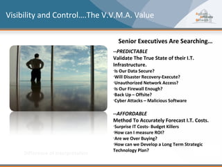 Visibility and Control….The V.V.M.A. Value

                                          Senior Executives Are Searching…
                                    --PREDICTABLE
                                    Validate The True State of their I.T.
                                    Infrastructure.
                                    •Is Our Data Secure?
                                    •Will Disaster Recovery-Execute?
                                    •Unauthorized Network Access?
                                    •Is Our Firewall Enough?
                                    •Back Up – Offsite?
                                    •Cyber Attacks – Malicious Software


                                    --AFFORDABLE
                                    Method To Accurately Forecast I.T. Costs.
                                    •Surprise IT Costs- Budget   Killers
                                    •How can I measure ROI?
                                    •Arewe Over Buying?
                                    •How can we Develop a Long Term Strategic
                                    Technology Plan?
     Difference of Interpretation
 