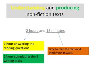 Understanding and producing
          non-fiction texts

              2 hours and 15 minutes


1 hour answering the
reading questions         Time to read the texts and
                          check your answers
1 hour completing the 2
writing tasks
 