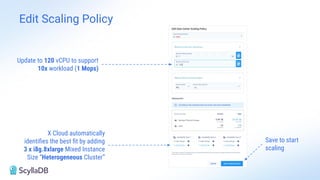 Edit Scaling Policy
3 nodes
Update to 120 vCPU to support
10x workload (1 Mops)
X Cloud automatically
identiﬁes the best ﬁt by adding
3 x i8g.8xlarge Mixed Instance
Size “Heterogeneous Cluster”
Save to start
scaling
 