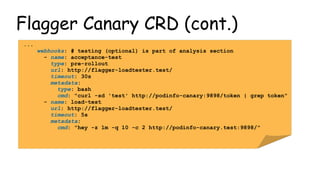 Flagger Canary CRD (cont.)
...
webhooks: # testing (optional) is part of analysis section
- name: acceptance-test
type: pr...