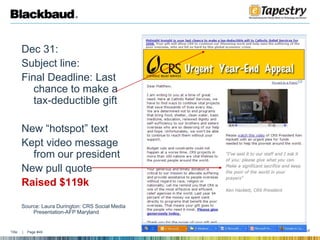 Dec 29:Subject line: Only 48 hours left to make a tax-deductible gift!Added “hotspot” textAdded video message from our president (that plays right on the donation form)Added a strong pull-quoteRaised $112kSource: Laura Durington: CRS Social Media Presentation-AFP Maryland