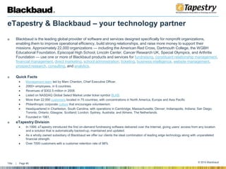 eTapestry & Blackbaud – your technology partnerBlackbaud is the leading global provider of software and services designed specifically for nonprofit organizations, enabling them to improve operational efficiency, build strong relationships, and raise more money to support their missions. Approximately 22,000 organizations — including the American Red Cross, Dartmouth College, the WGBH Educational Foundation, Episcopal High School, Lincoln Center, Cancer Research UK, Special Olympics, and Arthritis Foundation — use one or more of Blackbaud products and services for fundraising, constituent relationship management, financial management, direct marketing, school administration, ticketing, business intelligence, website management, prospect research, consulting, and analytics. Quick FactsManagement team led by Marc Chardon, Chief Executive Officer.2000+ employees, in 6 countries.Revenues of $302.5 million in 2008.Listed on NASDAQ Global Select Market under ticker symbol BLKB.More than 22,000 customers located in 75 countries, with concentrations in North America, Europe and Asia PacificPhilanthropic corporate culture that encourages volunteerism.Headquartered in Charleston, South Carolina, with operations in Cambridge, Massachusetts; Denver; Indianapolis, Indiana; San Diego; Toronto, Ontario; Glasgow, Scotland; London; Sydney, Australia; and Almere, The Netherlands. Founded in 1981.eTapestry DivisionIn 1999, eTapestry introduced the first on-demand fundraising software delivered over the Internet, giving users’ access from any location and a solution that is automatically backed-up, maintained and updated. As a wholly owned subsidiary of Blackbaud we offer our clients the ideal combination of leading edge technology along with unparalleled financial strength. Over 7000 customers with a customer retention rate of 98%