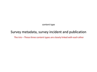 content type


Survey metadata, survey incident and publication
  The trio – These three content types are closely linked with each other
 