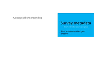 Conceptual understanding

                           Survey metadata
                             Generic information about a survey type


                           First, survey metadata gets
                           created
 