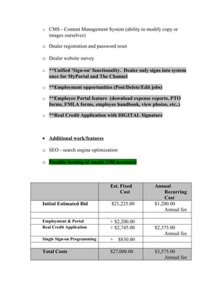 o CMS - Content Management System (ability to modify copy or
   images ourselves)

o Dealer registration and password reset

o Dealer website survey

o **Unified 'Sign-on' functionality. Dealer only signs into system
   once for MyPortal and The Channel

o **Employment opportunities (Post/Delete/Edit jobs)

o **Employee Portal feature (download expense reports, PTO
   forms, FMLA forms, employee handbook, view photos, etc..)

o **Real Credit Application with DIGITAL Signature




• Additional work/features

o SEO - search engine optimization

o Possible hosting of emails (100 accounts)



                                Est. Fixed         Annual
                                     Cost              Recurring
                                                       Cost
Initial Estimated Bid           $21,225.00         $1,200.00
                                                       Annual fee

Employment & Portal             + $2,200.00
Real Credit Application         + $2,745.00        $2,375.00
                                                       Annual fee
Single Sign-on Programming      +    $830.00

Total Costs                     $27,000.00         $3,575.00
                                                       Annual fee
 