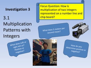 Investigation 3
3.1
Multiplication
Patterns with
Integers
Focus Question: How is
multiplication of two integers
represented on a number line and
chip board?
 