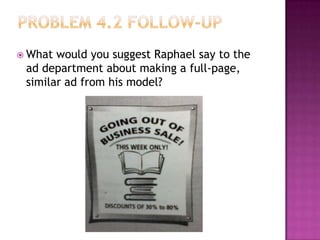 What

would you suggest Raphael say to the
ad department about making a full-page,
similar ad from his model?

 