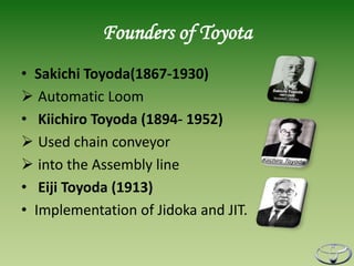 Founders of Toyota
• Sakichi Toyoda(1867-1930)
 Automatic Loom
• Kiichiro Toyoda (1894- 1952)
 Used chain conveyor
 into the Assembly line
• Eiji Toyoda (1913)
• Implementation of Jidoka and JIT.
 