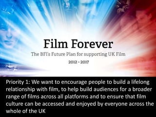 Priority 1: We want to encourage people to build a lifelong
relationship with film, to help build audiences for a broader
range of films across all platforms and to ensure that film
culture can be accessed and enjoyed by everyone across the
whole of the UK
 