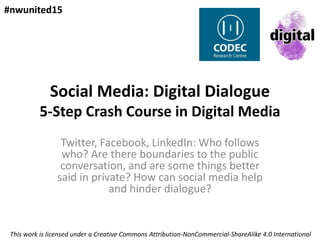 Social Media: Digital Dialogue
5-Step Crash Course in Digital Media
Twitter, Facebook, LinkedIn: Who follows
who? Are there boundaries to the public
conversation, and are some things better
said in private? How can social media help
and hinder dialogue?
This work is licensed under a Creative Commons Attribution-NonCommercial-ShareAlike 4.0 International
#nwunited15
 