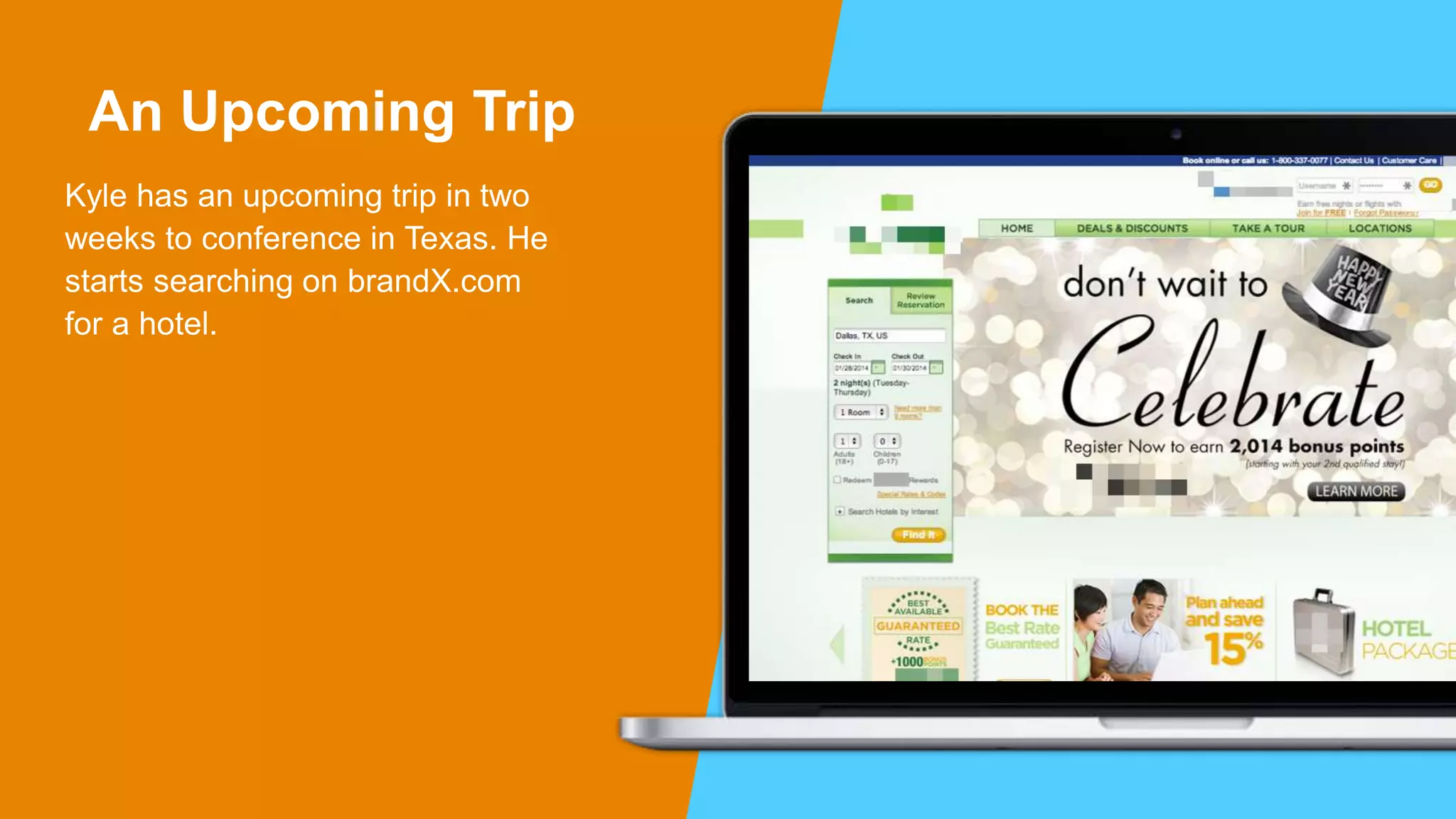 An Upcoming Trip
Kyle has an upcoming trip in two
weeks to conference in Texas. He
starts searching on brandX.com
for a hotel.
 