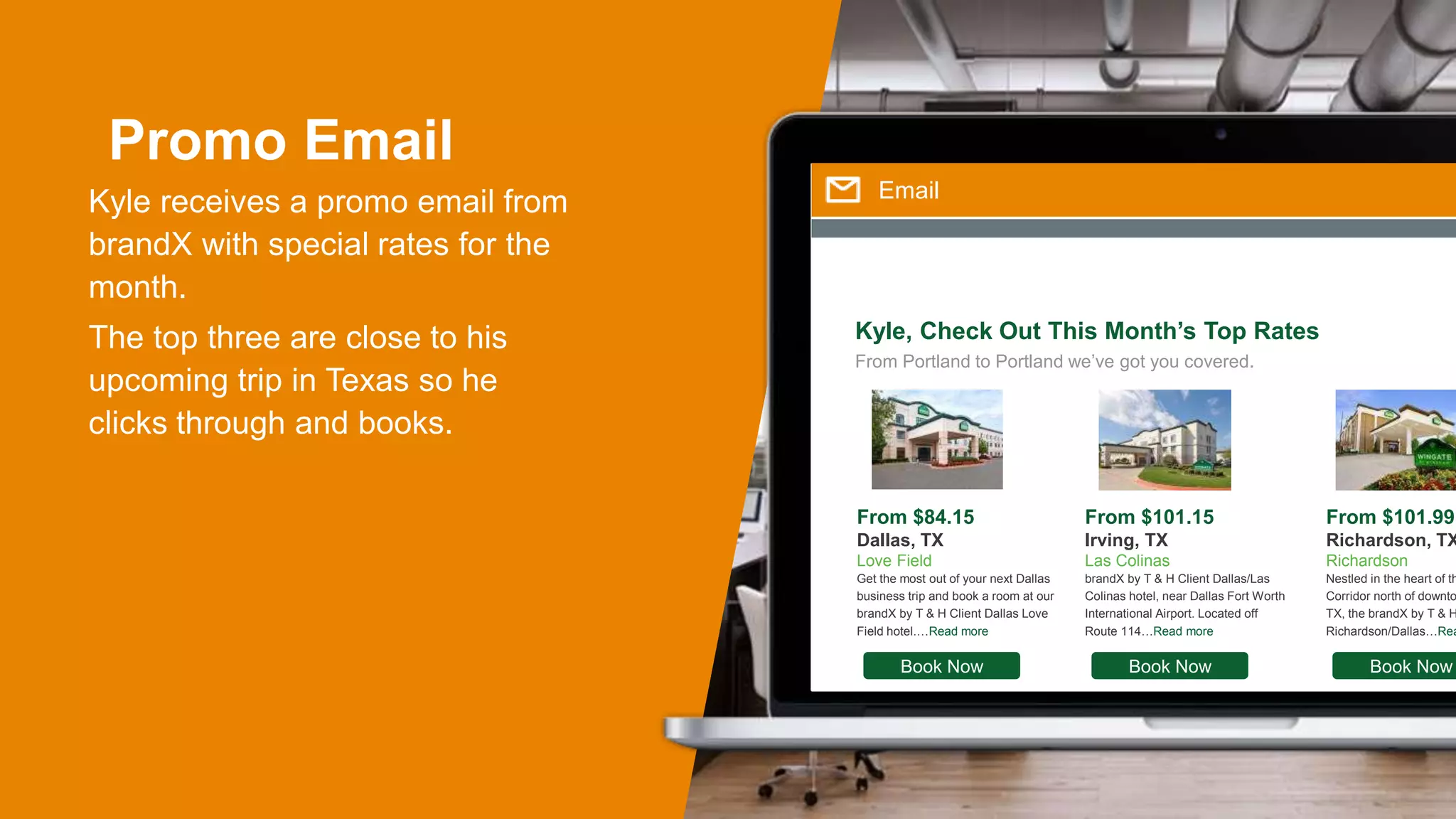 Promo Email
Kyle receives a promo email from
brandX with special rates for the
month.
The top three are close to his
upcoming trip in Texas so he
clicks through and books.
Email
Kyle, Check Out This Month’s Top Rates
From Portland to Portland we’ve got you covered.
From $84.15
Dallas, TX
Love Field
Get the most out of your next Dallas
business trip and book a room at our
brandX by T & H Client Dallas Love
Field hotel.…Read more
Book Now
From $101.15
Irving, TX
Las Colinas
brandX by T & H Client Dallas/Las
Colinas hotel, near Dallas Fort Worth
International Airport. Located off
Route 114…Read more
Book Now
From $101.99
Richardson, TX
Richardson
Nestled in the heart of th
Corridor north of downto
TX, the brandX by T & H
Richardson/Dallas…Rea
Book Now
 