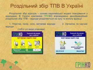 Роздільний збір ТПВ В Україні Роздільний збір відходів – основа європейської моделі поводження з відходами. В Україні компанією  ГРІН КО впроваджено двохфракційний роздільний збір ТПВ – відходи розділяються на суху та вологу фракції: 1. Пластик, папір, скло, металеві відходи  2. Органічні та харчові відходи  (тобто усі види упаковки) 