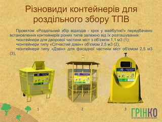 Різновиди контейнерів для роздільного збору ТПВ Проектом «Роздільний збір відходів - крок у майбутнє!» передбачено встановлення контейнерів різних типів залежно від їх розташування: контейнери для дворової частини міст з об’ємом 1,1 м3 (1); контейнери типу «Сітчастий дзвін» об'ємом 2,5 м3 (2); контейнери типу «Дзвін» для фасадної частини міст об'ємом 2,5 м3 (3); 1 2 3 
