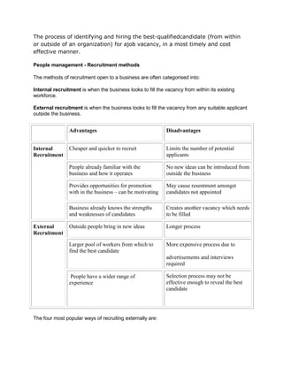 The process of identifying and hiring the best-qualifiedcandidate (from within or outside of an organization) for ajob vacancy, in a most timely and cost effective manner.<br />People management - Recruitment methods<br />The methods of recruitment open to a business are often categorised into:<br />Internal recruitment is when the business looks to fill the vacancy from within its existing workforce.<br />External recruitment is when the business looks to fill the vacancy from any suitable applicant outside the business.<br /> AdvantagesDisadvantagesInternal RecruitmentCheaper and quicker to recruitLimits the number of potential applicantsPeople already familiar with the business and how it operatesNo new ideas can be introduced from outside the businessProvides opportunities for promotion with in the business – can be motivatingMay cause resentment amongst candidates not appointedBusiness already knows the strengths and weaknesses of candidatesCreates another vacancy which needs to be filledExternal RecruitmentOutside people bring in new ideasLonger processLarger pool of workers from which to find the best candidateMore expensive process due toadvertisements and interviews requiredPeople have a wider range of experienceSelection process may not be effective enough to reveal the best candidate<br />The four most popular ways of recruiting externally are:<br />Job centres - These are paid for by the government and are responsible for helping the unemployed find jobs or get training. They also provide a service for businesses needing to advertise a vacancy and are generally free to use.<br />Job advertisements - Advertisements are the most common form of external recruitment. They can be found in many places (local and national newspapers, notice boards, recruitment fairs) and should include some important information relating to the job (job title, pay package, location, job description, how to apply-either by CV or application form). Where a business chooses to advertise will depend on the cost of advertising and the coverage needed (i.e. how far away people will consider applying for the job<br />Recruitment agency - Provides employers with details of suitable candidates for a vacancy and can sometimes be referred to as ‘head-hunters’. They work for a fee and often specialise in particular employment areas e.g. nursing, financial services, teacher recruitment<br />Personal recommendation - Often referred to as ‘word of mouth’ and can be a recommendation from a colleague at work. A full assessment of the candidate is still needed however but potentially it saves on advertising cost.<br />Recruitment Methods<br />Recruitment can conduct by 9 methods as follows:<br />1. Recruitment by Campus method<br />Campus is the location of a university, college, or school’s main buildings. This method is based on recruitment at university, colleges…<br />2. Recruitment by Job centers<br />Job centers often specialize in recruitment for specific sectors. They usually provide a shortlist of candidates based on the people registered with the agency. They also supply temporary or interim employees.<br />3. Head hunting.<br />Head hunting are recruitment agents who provide a more specialized approach to the recruitment of key employees and/or senior management.<br />4. Recruitment by Advertisements<br />They can be found in many places such as:<br />• Newspaper• Job posting on job sites• Ads on websites related to positions recruited.<br />5. Database search on job sites.<br />Company can buy data from job websites for a week or a month to search candidates.<br />6. Employee referral<br />This method often refer to as ‘word of mouth’ and can be a recommendation from a colleague at work.<br />7. Contract staffing.<br />Company can buy staffing contract from HR outsourcing.<br />8. Word-of-mouth recruitment<br />9. Free online ads<br />You can post your recruitment ads at free websites such as forums, blogs…<br />10. Internal recruitment<br />Internal recruitment can conduct by types of:<br />• Present permanent employees (based on programs of career development).• Present temporary / casual employees.• Retired employees.• Dependents of deceased disabled, retired and present employees.<br />Related documents to recruitment methods<br />• External recruitment• Internal recruitment• Recruitment process• HR career ebooks (you can download free and ref all ebooks related HR career…)<br />Author: Tommy Doan, hrvinet.com<br />Recruitment Methods<br />Recruitment can conduct by 9 methods as follows:<br />1. Recruitment by Campus method<br />Campus is the location of a university, college, or school’s main buildings. This method is based on recruitment at university, colleges…<br />2. Recruitment by Job centers<br />Job centers often specialize in recruitment for specific sectors. They usually provide a shortlist of candidates based on the people registered with the agency. They also supply temporary or interim employees.<br />3. Head hunting.<br />Head hunting are recruitment agents who provide a more specialized approach to the recruitment of key employees and/or senior management.<br />4. Recruitment by Advertisements<br />They can be found in many places such as:<br />• Newspaper• Job posting on job sites• Ads on websites related to positions recruited.<br />5. Database search on job sites.<br />Company can buy data from job websites for a week or a month to search candidates.<br />6. Employee referral<br />This method often refer to as ‘word of mouth’ and can be a recommendation from a colleague at work.<br />7. Contract staffing.<br />Company can buy staffing contract from HR outsourcing.<br />8. Word-of-mouth recruitment<br />9. Free online ads<br />You can post your recruitment ads at free websites such as forums, blogs…<br />10. Internal recruitment<br />Internal recruitment can conduct by types of:<br />• Present permanent employees (based on programs of career development).• Present temporary / casual employees.• Retired employees.• Dependents of deceased disabled, retired and present employees.<br />Related documents to recruitment methods<br />• External recruitment• Internal recruitment• Recruitment process• HR career ebooks (you can download free and ref all ebooks related HR career…)<br />Author: Tommy Doan, hrvinet.com<br />