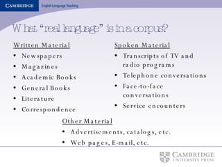 What “real language” is in a corpus? Written Material Newspapers Magazines Academic Books General Books Literature Correspondence Spoken Material Transcripts of TV and radio programs Telephone conversations Face-to-face conversations Service encounters Other Material Advertisements, catalogs, etc. Web pages, E-mail, etc. 