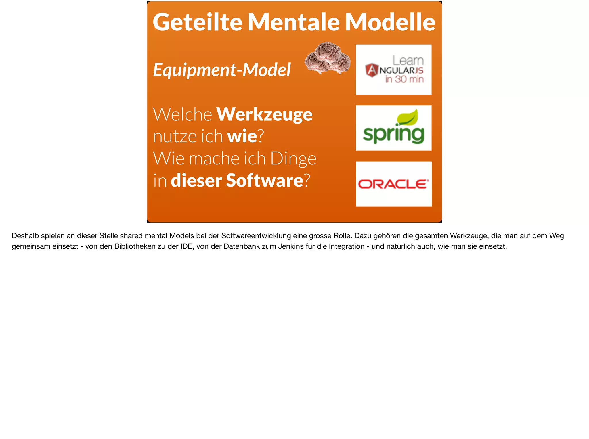Geteilte Mentale Modelle
Equipment-Model
Welche Werkzeuge  
nutze ich wie?
Wie mache ich Dinge
in dieser Software?
Deshalb spielen an dieser Stelle shared mental Models bei der Softwareentwicklung eine grosse Rolle. Dazu gehören die gesamten Werkzeuge, die man auf dem Weg
gemeinsam einsetzt - von den Bibliotheken zu der IDE, von der Datenbank zum Jenkins für die Integration - und natürlich auch, wie man sie einsetzt.
 