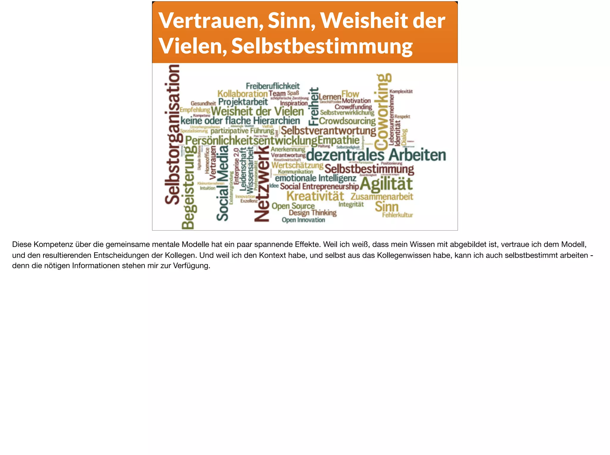 Vertrauen, Sinn, Weisheit der
Vielen, Selbstbestimmung
Diese Kompetenz über die gemeinsame mentale Modelle hat ein paar spannende Eﬀekte. Weil ich weiß, dass mein Wissen mit abgebildet ist, vertraue ich dem Modell,
und den resultierenden Entscheidungen der Kollegen. Und weil ich den Kontext habe, und selbst aus das Kollegenwissen habe, kann ich auch selbstbestimmt arbeiten -
denn die nötigen Informationen stehen mir zur Verfügung.
 