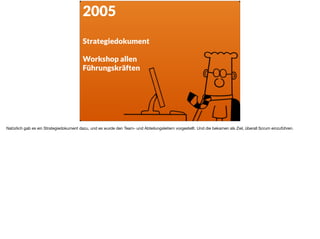 2005
Strategiedokument
Workshop allen
Führungskräften
Natürlich gab es ein Strategiedokument dazu, und es wurde den Team- und Abteilungsleitern vorgestellt. Und die bekamen als Ziel, überall Scrum einzuführen.
 