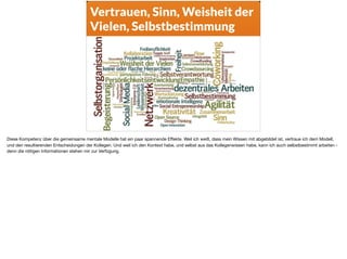 Vertrauen, Sinn, Weisheit der
Vielen, Selbstbestimmung
Diese Kompetenz über die gemeinsame mentale Modelle hat ein paar spannende Eﬀekte. Weil ich weiß, dass mein Wissen mit abgebildet ist, vertraue ich dem Modell,
und den resultierenden Entscheidungen der Kollegen. Und weil ich den Kontext habe, und selbst aus das Kollegenwissen habe, kann ich auch selbstbestimmt arbeiten -
denn die nötigen Informationen stehen mir zur Verfügung.
 