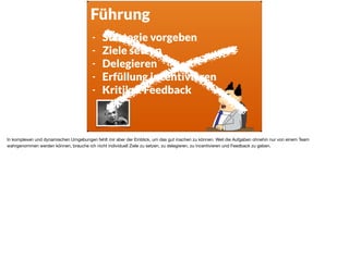Führung
- Strategie vorgeben
- Ziele setzen
- Delegieren
- Erfüllung incentivieren
- Kritik & Feedback
In komplexen und dynamischen Umgebungen fehlt mir aber der Einblick, um das gut machen zu können. Weil die Aufgaben ohnehin nur von einem Team
wahrgenommen werden können, brauche ich nicht individuell Ziele zu setzen, zu delegieren, zu incentivieren und Feedback zu geben.
 
