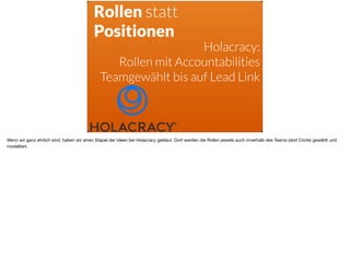 Rollen statt
Positionen
Holacracy:
Rollen mit Accountabilities
Teamgewählt bis auf Lead Link
Wenn wir ganz ehrlich sind, haben wir einen Stapel der Ideen bei Holacracy geklaut. Dort werden die Rollen jeweils auch innerhalb des Teams (dort Circle) gewählt und
modelliert.
 