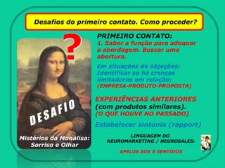 Desafios do primeiro contato. Como proceder?
PRIMEIRO CONTATO:
1. Saber a função para adequar
a abordagem. Buscar uma
abertura.
Em situações de objeções:
Identificar se há crenças
limitadoras em relação:
(EMPRESA-PRODUTO-PROPOSTA)
EXPERIÊNCIAS ANTERIORES
(com produtos similares).
(O QUE HOUVE NO PASSADO)
LINGUAGEM DO
NEUROMARKETING / NEUROSALES:
APELOS AOS 5 SENTIDOS
Mistérios da Monalisa:
Sorriso e Olhar
Estabelecer sintonia (rapport)D E S A F I O
 
