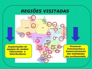Implantações de
equipes de vendas:
Fabricantes e
Distribuidoras
Promover
Treinamentos e
Desenvolvimento
das habilidades
dos profissionais.
REGIÕES VISITADAS
 