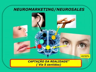 NEUROMARKETING/NEUROSALES
CAPTAÇÃO DA REALIDADE”
( Via 5 sentidos)
40/50%
 
