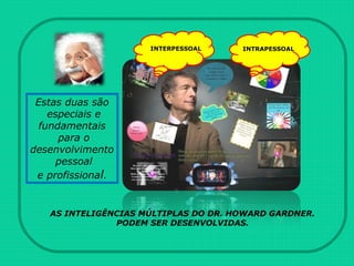 Estas duas são
especiais e
fundamentais
para o
desenvolvimento
pessoal
e profissional.
INTERPESSOAL INTRAPESSOAL
AS INTELIGÊNCIAS MÚLTIPLAS DO DR. HOWARD GARDNER.
PODEM SER DESENVOLVIDAS.
 