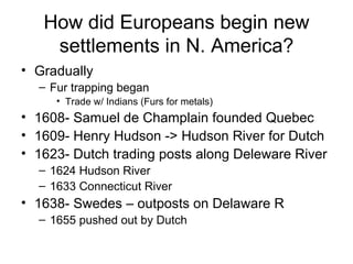 How did Europeans begin new settlements in N. America? Gradually Fur trapping began Trade w/ Indians (Furs for metals) 1608- Samuel de Champlain founded Quebec 1609- Henry Hudson -> Hudson River for Dutch 1623- Dutch trading posts along Deleware River 1624 Hudson River 1633 Connecticut River 1638- Swedes – outposts on Delaware R 1655 pushed out by Dutch 