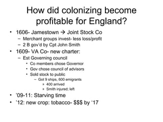 How did colonizing become profitable for England? 1606- Jamestown    Joint Stock Co Merchant groups invest- less loss/profit 2 B gov’d by Cpt John Smith 1609- VA Co- new charter: Est Governing council Co members chose Governor Gov chose council of advisors Sold stock to public Got 9 ships, 600 emigrants 400 arrived Smith injured; left ’ 09-11: Starving time ’ 12: new crop: tobacco- $$$ by ‘17 