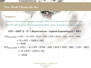 New World Chemicals Inc.

 Problem d

 Based on the financial forecast, calculate NWC’s free cash flow for 2009. How does
 this FCF differ from the FCF forecasted by NWC’s initial “business as usual” forecast?




                                New World Chemicals Inc. – Integrated Case
                                          Financial Forecasting
                                                FINMAN1
 