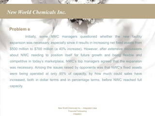 New World Chemicals Inc.


 Problem e
             Initially, some NWC managers questioned whether the new facility
 expansion was necessary, especially since it results in increasing net fixed assets from
 $500 million to $700 million (a 40% increase). However, after extensive discussions
 about NWC needing to position itself for future growth and being flexible and
 competitive in today’s marketplace, NWC’s top managers agreed that the expansion
 was necessary. Among the issues raised by opponents was that NWC’s fixed assets
 were being operated at only 85% of capacity, by how much could sales have
 increased, both in dollar terms and in percentage terms, before NWC reached full
 capacity.




                                 New World Chemicals Inc. – Integrated Case
                                           Financial Forecasting
                                                 FINMAN1
 